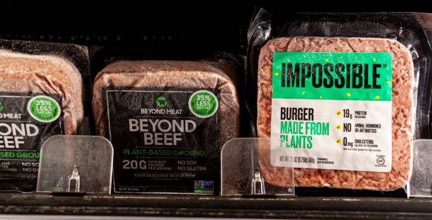 Two popular vegan meat alternative brands Impossible and Beyond beef are sold side by side on a grocery shelf. stock photo