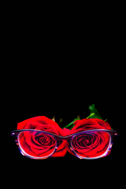 Two Roses and a Pair of Purple Glasses Isolated On A Black Background stock photo