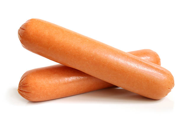 Two sausages set against white background stock photo