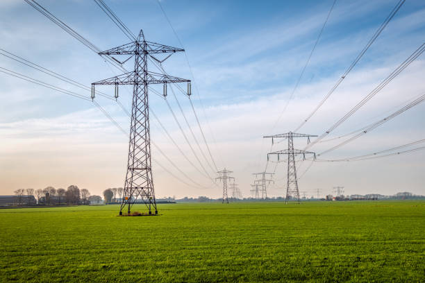 Two seemingly endless rows of electricity pylons in a meadow stock photo