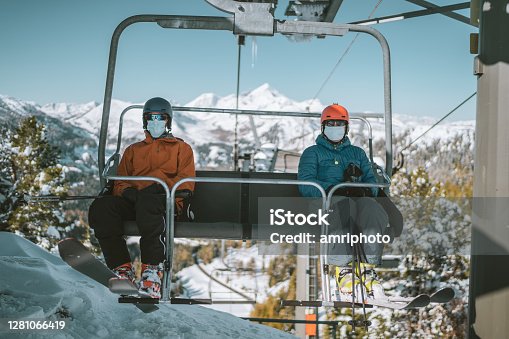 istock two skiers with mouth nose mask on chair lift 1281066419