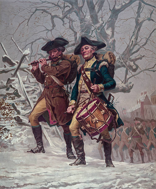 Two Soldiers of the Continental Army Color Guard This 1875 vintage illustration features two soldiers of the Continental Army Color Guard marching in winter during the American Revolution. american revolution stock pictures, royalty-free photos & images