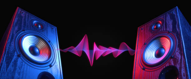 Two sound speakers in neon light with sound wave. stock photo