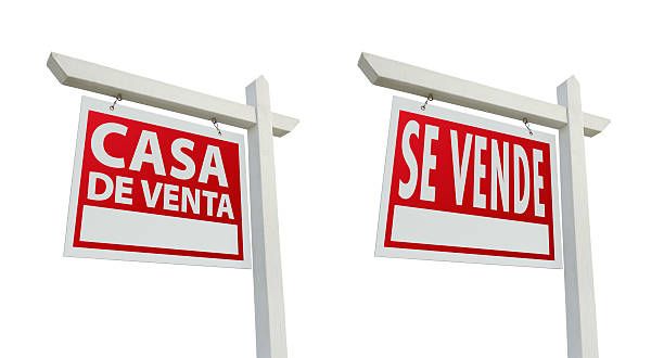 Two Spanish Real Estate Signs with Clipping Paths on White Two Spanish House For Sale Real Estate Signs with Clipping Paths Isolated on a White Background. parque museo la venta stock pictures, royalty-free photos & images