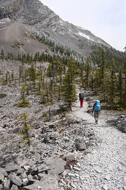 Two women hiking with backpacks in the Rocky Mountains. stock photo