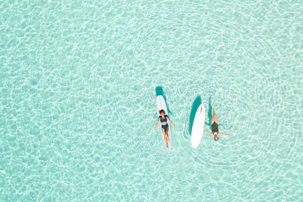 Two Women on Paddle Board in Blue Ocean stock photo