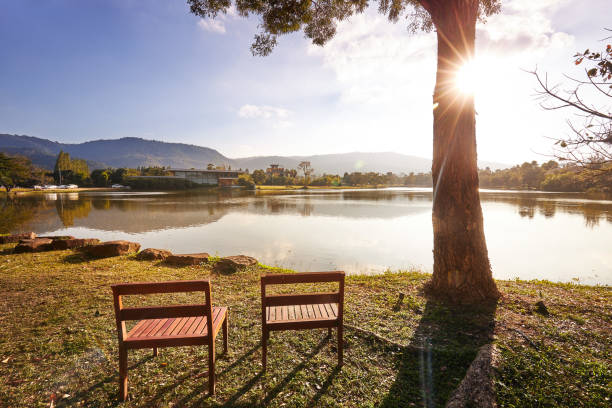 Two wooden chairs at pond, at evening stock photo