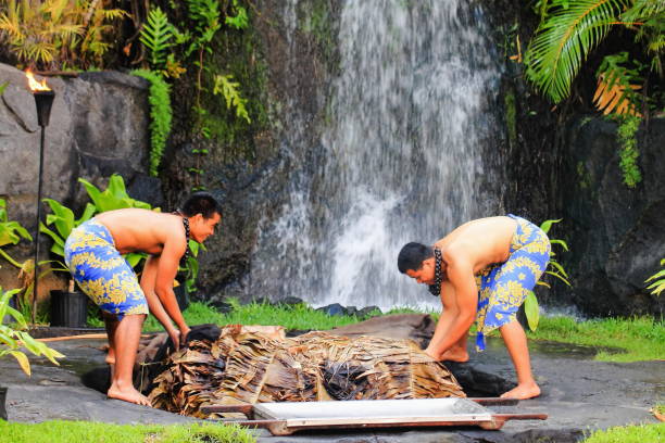 Two young Hawaiian men uplift a pig cooked in the traditional style Kalua utilizing an Imu stock photo