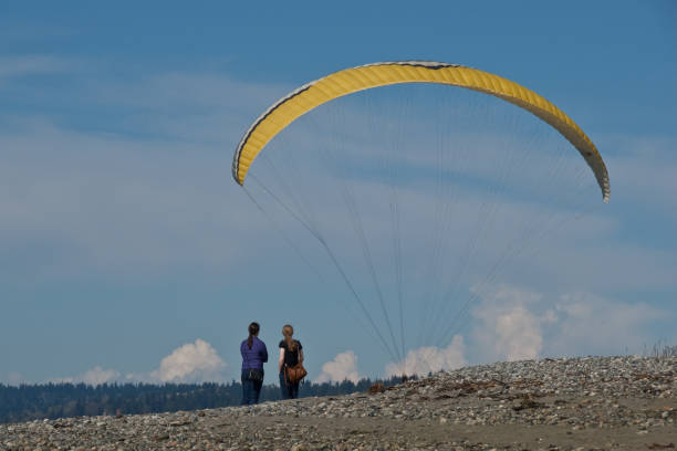 Watching a Paraglider Landing at the Beach Seattle, Washington, USA - April 13, 2012: Two young women are watching a paraglider land on the beach at Golden Gardens Park. jeff goulden paragliding stock pictures, royalty-free photos & images