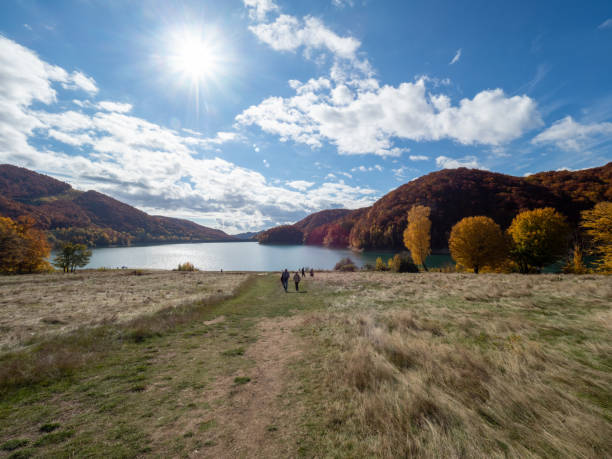 Typical autumn colours at Paltinu lake, Doftana River Valley, Romania stock photo
