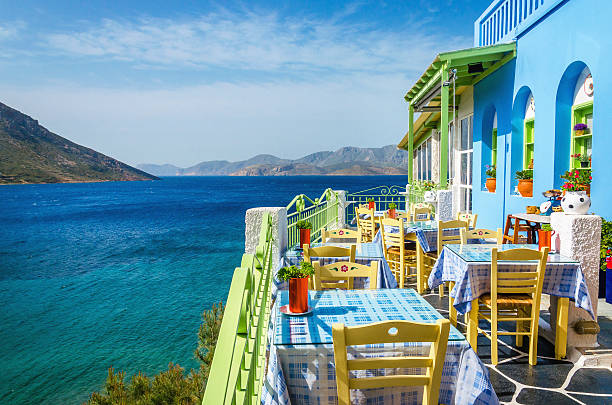 Typical Greek restaurant on the balcony, Greece stock photo