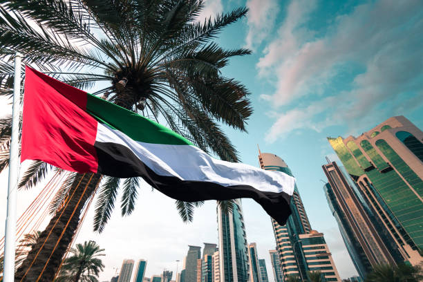 uae flag against the dubai skyline uae flag against the dubai skyline united arab emirates flag stock pictures, royalty-free photos & images