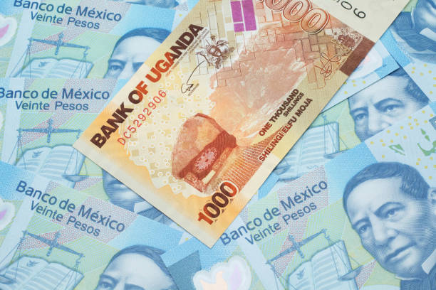 A Uganadan shilling bank note with Mexican twenty peso bank notes stock photo