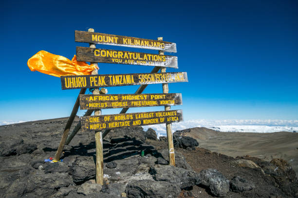 Uhuru Peak, Mount Kilimanjaro, Uhuru Peak, Mount Kilimanjaro, Africa's highest point, Tanzania mt kilimanjaro photos stock pictures, royalty-free photos & images