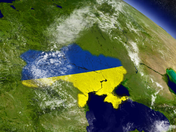 Ukraine with embedded flag on Earth stock photo