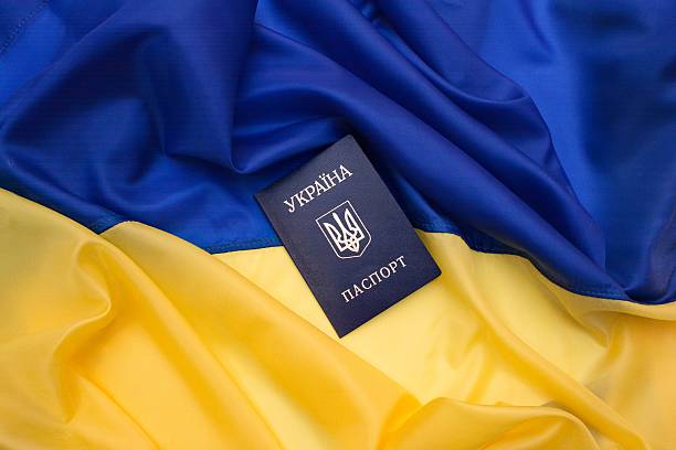 Ukrainian passport on the flag of Ukraine. stock photo