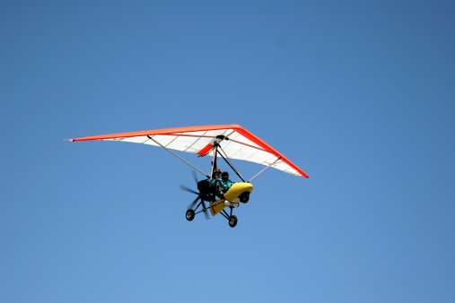 Airborne Motorized Ultralight Glider in a cloudless blue sky. Click on an image to go to my Civilian Airplane Lightbox.