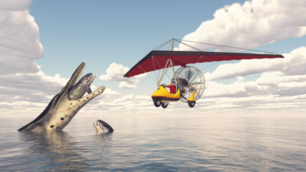 Ultralight trike over the sea and prehistoric marine reptiles Computer generated 3D illustration with an ultralight trike over the sea and prehistoric marine reptiles adult tricycle stock pictures, royalty-free photos & images