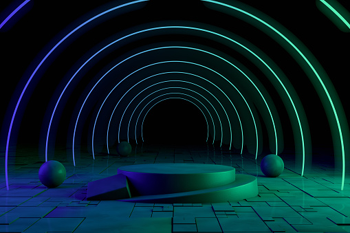 Ultraviolet Neon Laser Glowing Circle Lines, Light Tunnel, Abstract 3D Background Rendering, Copy space for advertisement. Empty Product Stand.