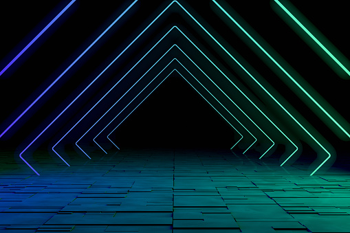 Ultraviolet Neon Laser Glowing Square Lines, Light Tunnel, Abstract 3D Background Rendering, Copy space for advertisement.