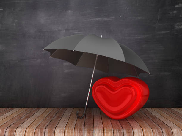 Payung dengan Hati di Lantai Kayu - Latar Belakang Papan Tulis - Rendering 3D