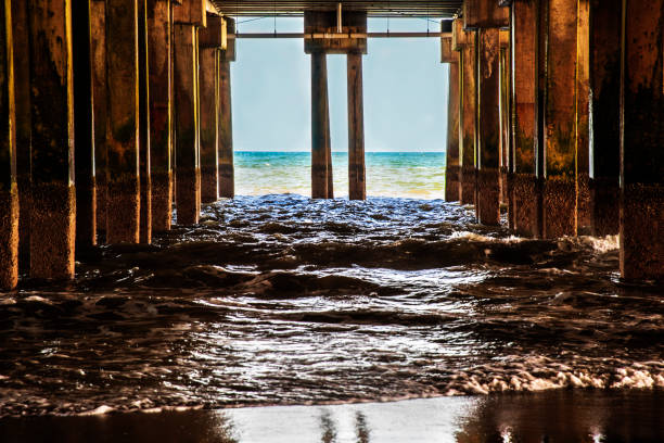 Under the wooden boardwalk on Atlantic City Beach, New Jersey stock photo