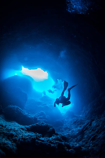 unterwasser-höhle - höhlenklettern stock-fotos und bilder