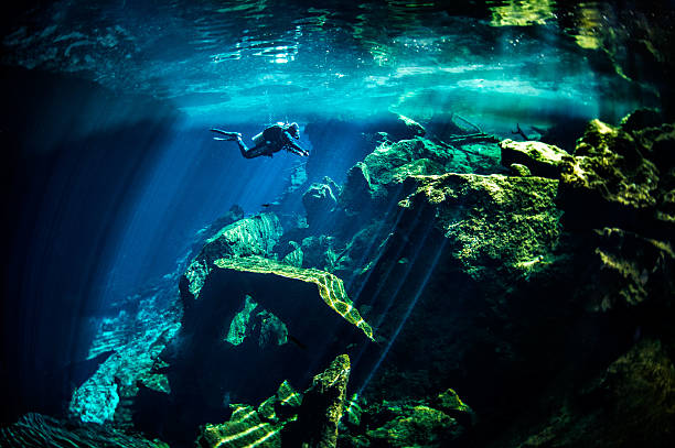 Underwater cenotes Scuba diver exploring the underwater xenotes. aqualung diving equipment photos stock pictures, royalty-free photos & images