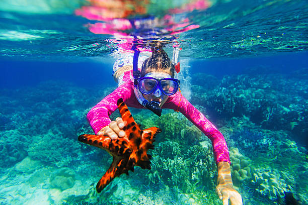 Underwater photo of girl with a starfish stock photo