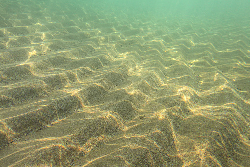Underwater Photo Sun Shining On Sea Floor In Shallow Water Sand