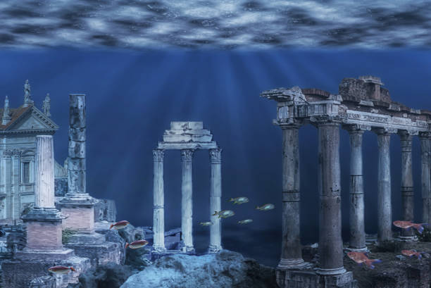 Underwater ruins Illustration of the ruins of the Atlantis civilization poseidon statue stock pictures, royalty-free photos & images