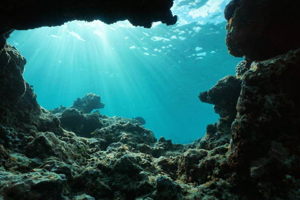 Underwater sunlight from a hole in the ocean floor stock photo