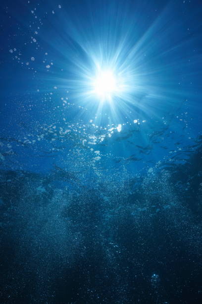 Underwater sunlight with air bubbles natural scene stock photo