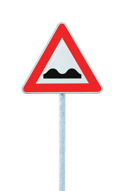 Uneven Road Sign, Red Triangle Frame, White Framed Signage, Grey Pole Post, Isolated Vertical Closeup, stock photo
