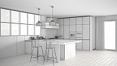 Unfinished project of modern kitchen with big window, sketch abstract interior design
