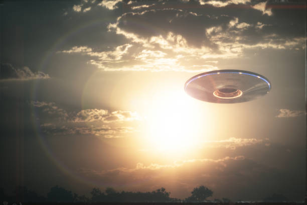 Unidentified Flying Object UFO Unidentified flying object UFO in cloudy sky. 3D illustration in real picture. Old style film photo. alien photos stock pictures, royalty-free photos & images