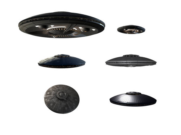 Unidentified Flying Objects 3D illustration of an UFO, unidentified flying object or flying saucer, in perspective adjusted instances, for science fiction artwork or interstellar travel. Clipping path included in the file. ufo stock pictures, royalty-free photos & images