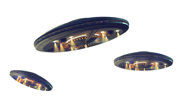 Unidentified Flying Objects with clipping path 3D illustrations of an UFO in several images adjusted for perspective, for science fiction artwork or interstellar deep space travel. Clipping path included in the file. military invasion stock pictures, royalty-free photos & images