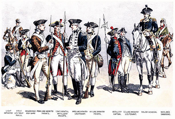 Uniforms in the American Revolutionary War Drawing depicts the uniforms of American revolutionary war soldiers. american revolution stock pictures, royalty-free photos & images