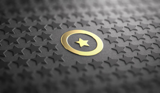 Unique or Difference Concept. Focus on one Golden Star Many stars in relief on black paper background with focus on a golden one surrounded by a circle. Concept of Uniqueness and quality difference. 3D illustration perfection stock pictures, royalty-free photos & images