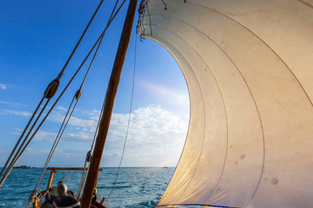 unique view of the sails of a sailing dhow showing the bulging sail and ropes for rigging inside view of a dhow's sails and deck with bellowing sails against a bright blue sky dhow stock pictures, royalty-free photos & images