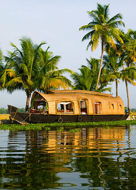 Unique wooden houseboat on water with palm trees in back "Alleppy, Kerala, India." kerala stock pictures, royalty-free photos & images
