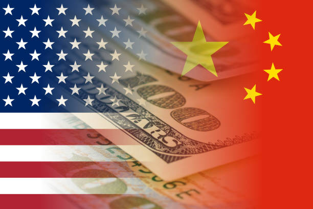 united states and china flags with dollars banknotes mixed image stock photo