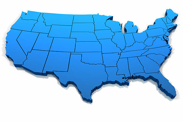 United States blue map outline Three dimensional United States blue tone outline on white background. map of new england states stock pictures, royalty-free photos & images