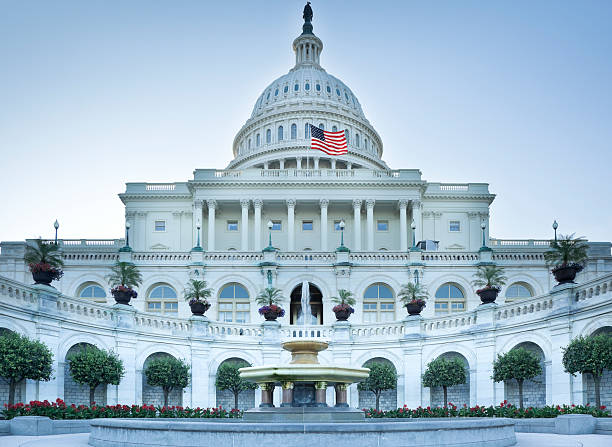 United States Capitol West Facade with Fountain and Flowers West facade of the United States Capitol in the early morning. united states senate stock pictures, royalty-free photos & images