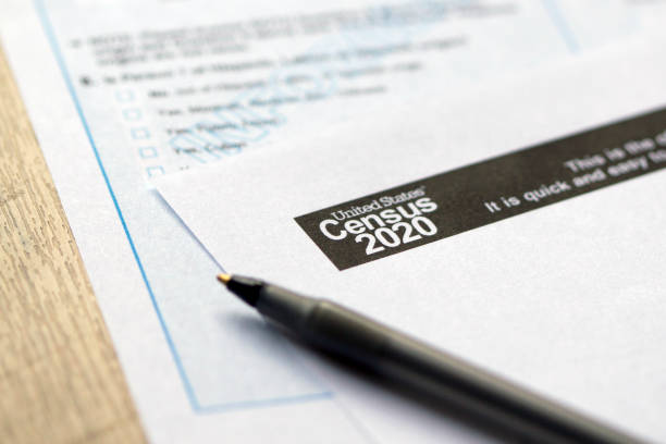 United States Census 2020 Form Closeup of United States Census 2020 form informational copy and a ballpoint pen on wooden background. 2020 stock pictures, royalty-free photos & images