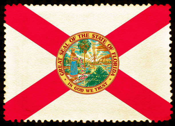 United States Florida state flag on the old grunge postage stamp isolated on black background. Texture of old paper United States Florida state flag on the old grunge postage stamp isolated on black background. Texture of old paper. Realistic illustration florida us state photos stock pictures, royalty-free photos & images