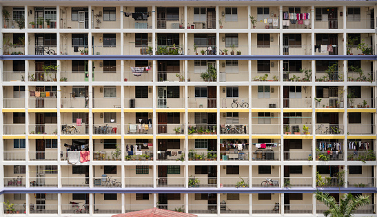 The facade of a Public Housing Flat at Kampong Kayu Road, Singapore. A glimpse of people's life on living in 32 years old apartments.