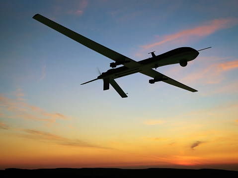 Unmanned Aerial Vehicle (UAV), also known as Unmanned Aircraft System (UAS). Digitally Generated Image isolated on white background