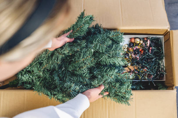 Unpacking the box of Christmas Tree stock photo